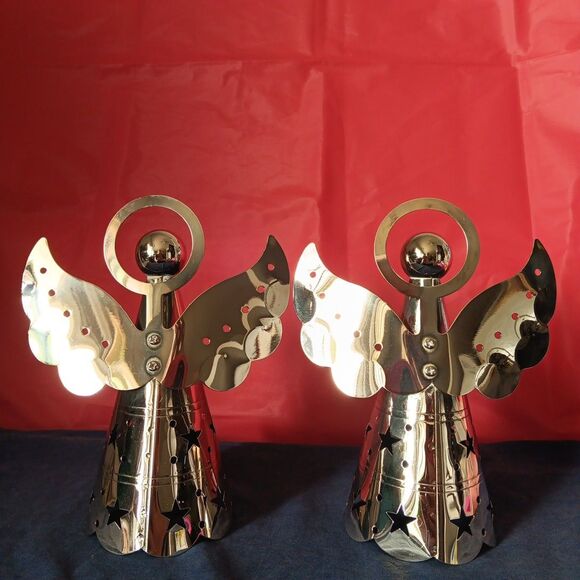 Christmas Angel Halo Candle Holder Metal Silver Tone Star Cutout Cherub Ornament - Picture 6 of 16